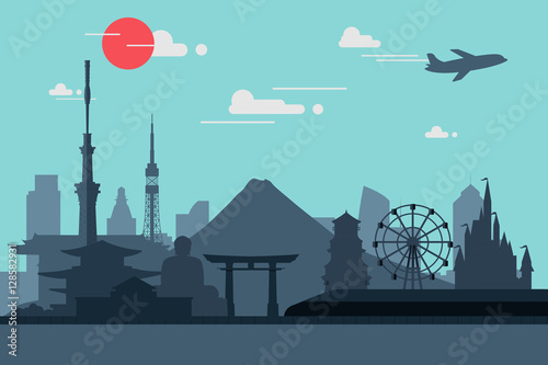 Wall Mural Silhouette illustration of Tokyo city in Japan.Japan landmarks F