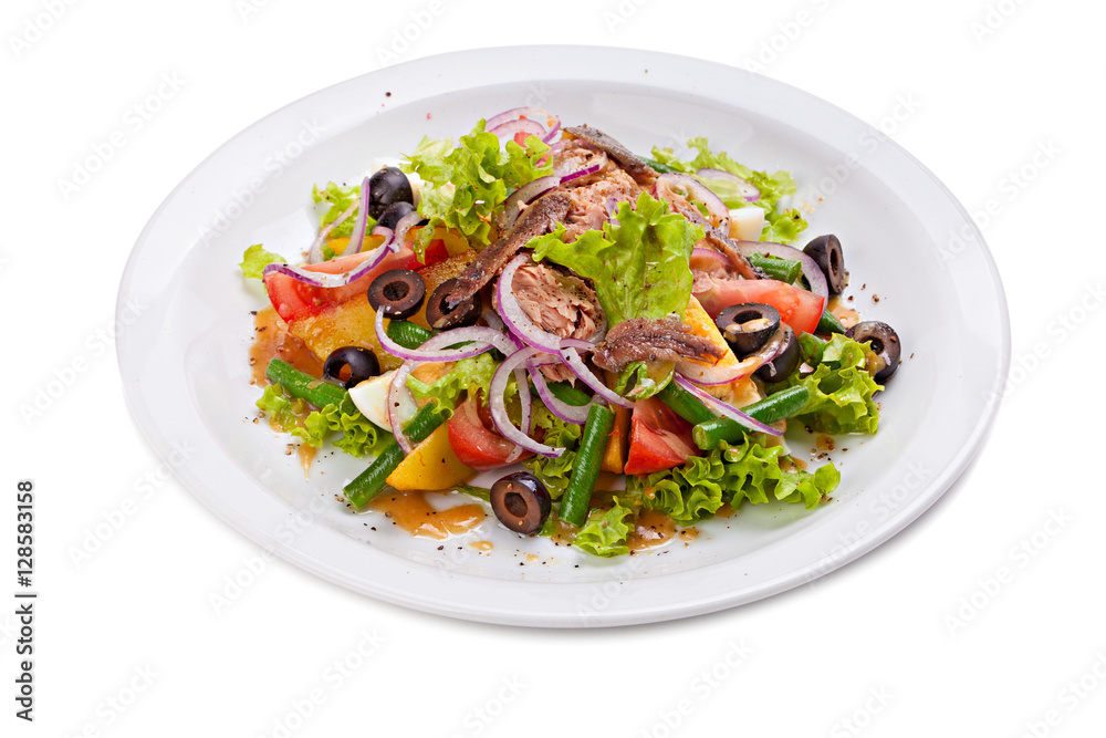 Salad with vegetables, herbs, fillet and green beans. Salad with vegetables, herbs, fillet and green beans.