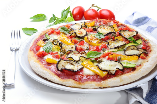 Grilled vegetable pizza: tomato, mozzarella, eggplant, peppers, zucchini and capers 
