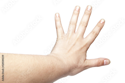 hand on a white background performs stop gesture