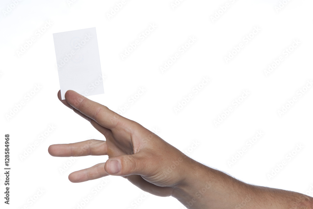 Male hand on a white background holding a card, copy space for t Male hand on a white background holding a card, copy space for t