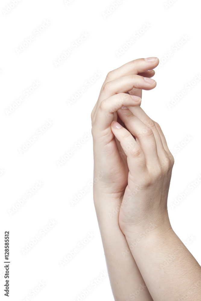 two hands touching one another, white background - obrazy, fototapety, plakaty 