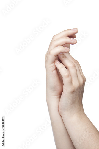 two hands touching one another, white background