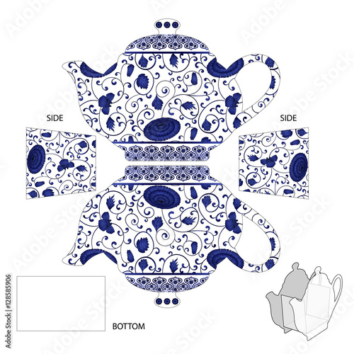 Gift Teapot box with pottery chinese ornament for tea bags or candy. Vector illustration for cut creation in using a plotter, laser or scissors.