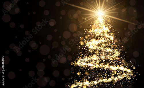Golden background with Christmas tree.