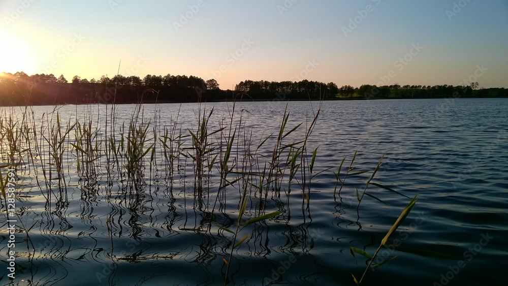 Jezioro tuż przed zachodem słońca - obrazy, fototapety, plakaty 