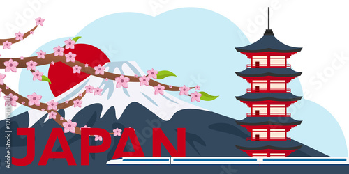 Poster Travel to Japan. Mountain. Sakura japan cherry branch with blooming flowers vector illustration. Banner. Vector illustration.