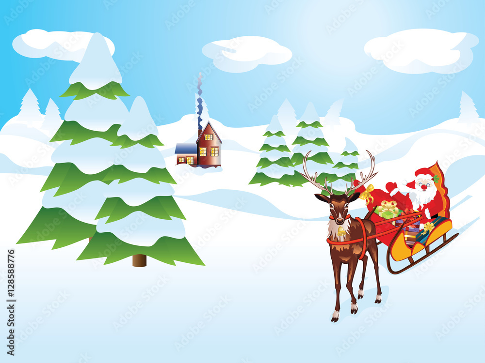 Santa Riding Reindeer Sleigh