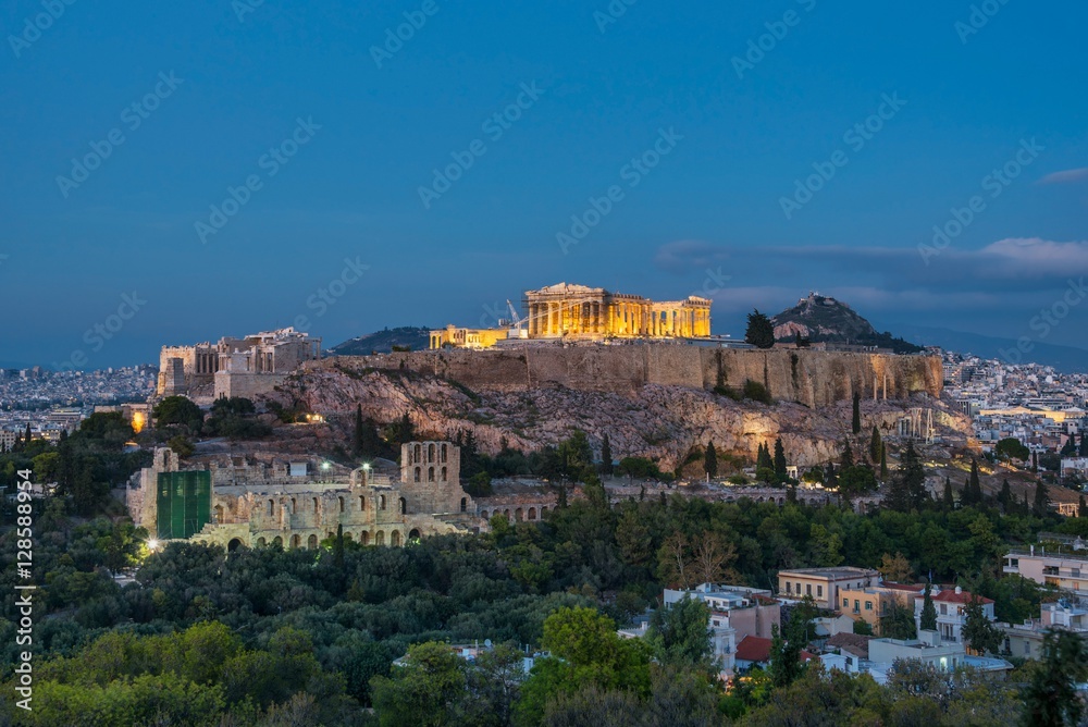 The Acropolis at Athens at dusk with lights