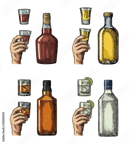 Set alcohol drinks with bottle, glass and hand holding gin, whiskey, tequila.