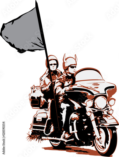 Couple riding motorcycle with flag. Vector illustration