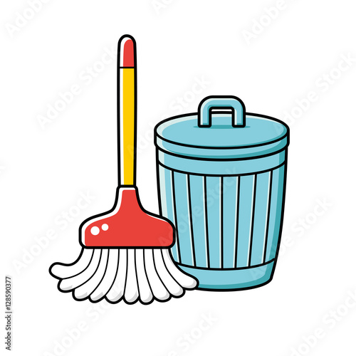 Cleaning broom and trash bin isolated.