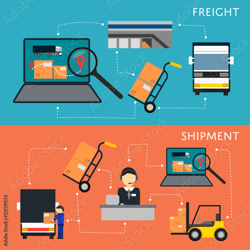 Logistics and freight shipment flowchart set vector illustration. Services operator coordinating cargo transportation. Warehouse logistics manager, freight commercial truck, laptop with delivery map