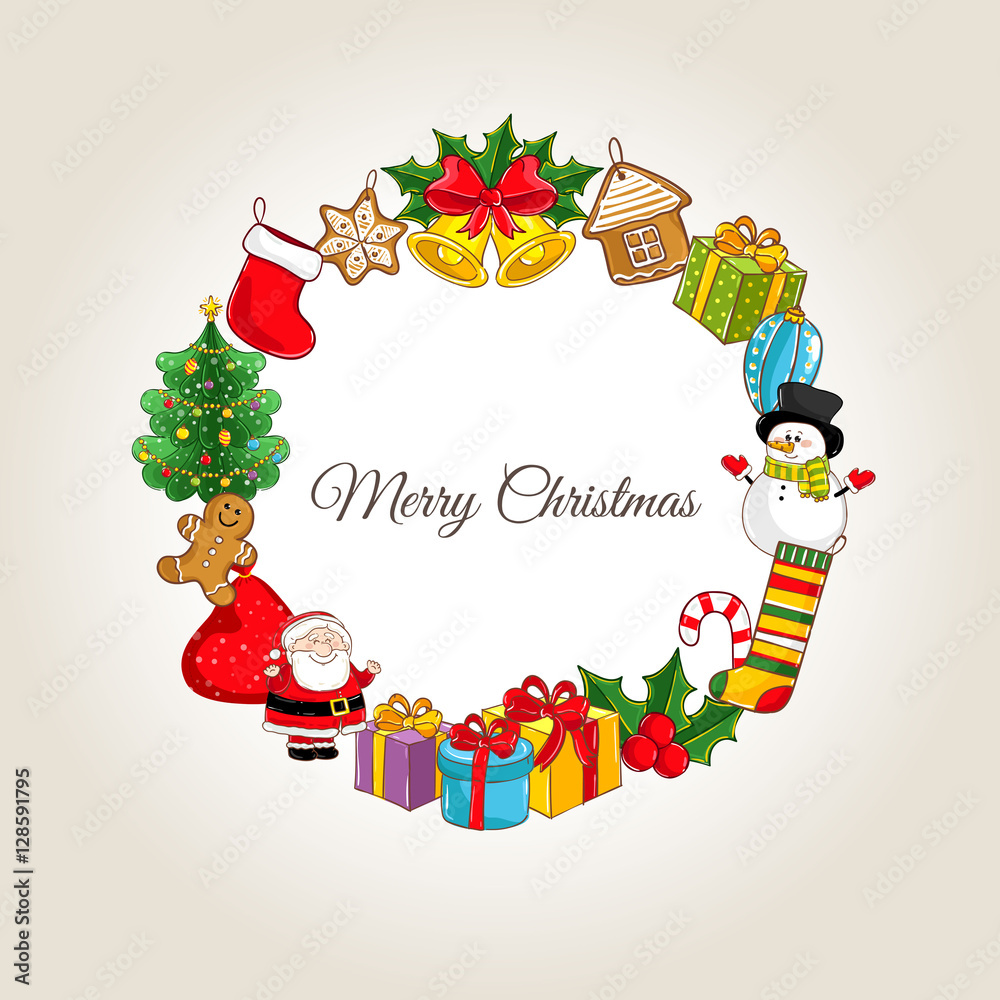 Naklejka premium Christmas celebrating attributes. Santa, gifts, sweets, xmas tree, bells, holly, snowman, stocking vector illustrations. Merry Christmas and Happy New Year concept for greeting cart, party invitation