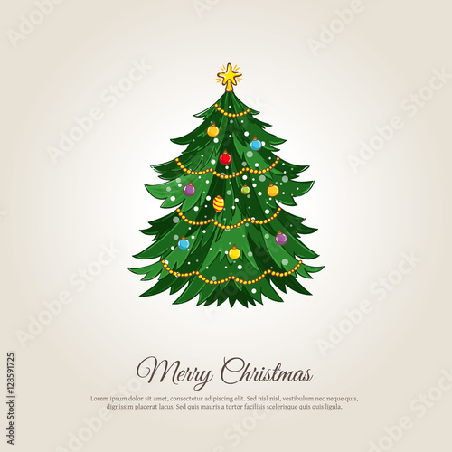 Christmas celebrating banner. Beautiful decorated Christmas tree vector illustration. Merry Christmas and Happy New Year concept for greeting cart, winter holidays party invitation photo
