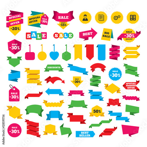 Web stickers, banners and labels. Accounting workflow icons. Human silhouette, cogwheel gear and documents folders signs symbols. Special offer tags. Vector