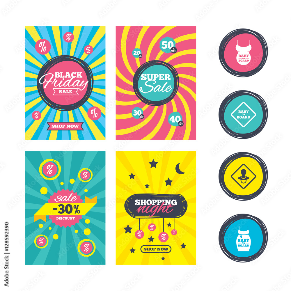 Sale website banner templates. Baby on board icons. Infant caution signs. Child pacifier nipple. Pregnant woman dress with big belly. Ads promotional material. Vector