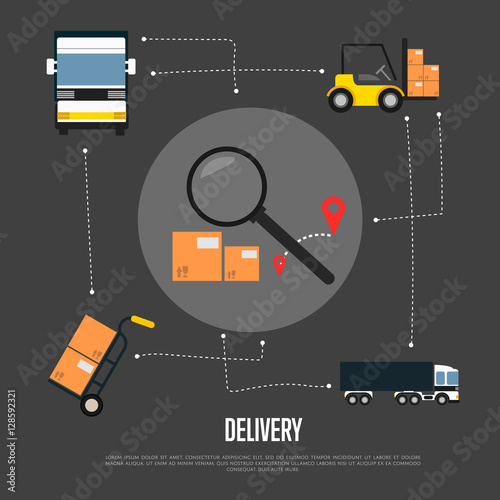 Delivery and freight shipment flowchart vector illustration. Freight commercial truck, forklift with packing boxes, delivery route sign with magnifier. Logistics and cargo transportation service