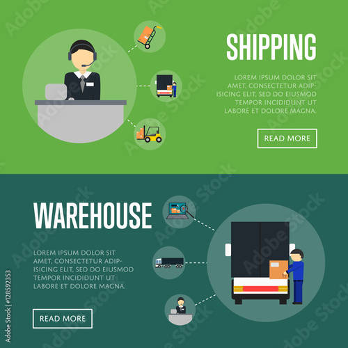 Warehouse logistics and shipping banners vector illustration. Services operator coordinating cargo shipping, warehouse worker loading freight truck. Local delivery service and distribution business