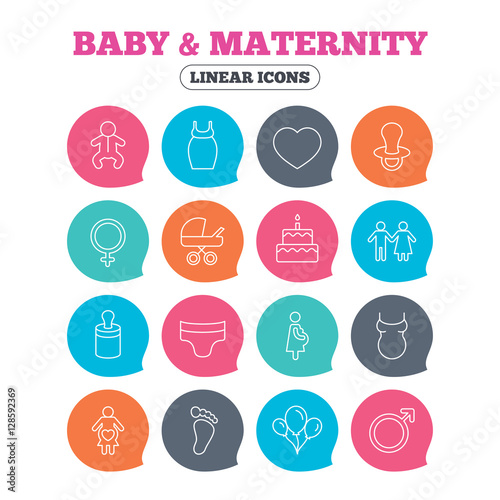 Baby and Maternity icons. Toddler, diapers and child footprint symbols. Heart, birthday cake and pacifier thin outline signs. Pregnant woman, couple and air balloons. Vector