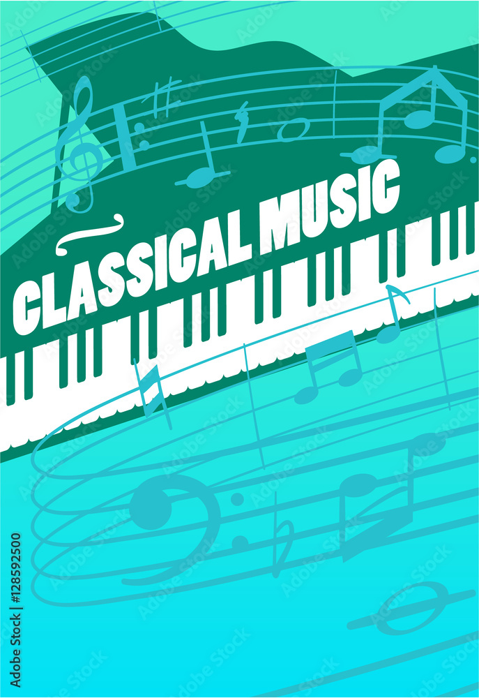 Classical music concept. Grand piano keys, musical key end notes on staff vector illustrations. For symphonic orchestra live concert, music festival advertising poster or banner design