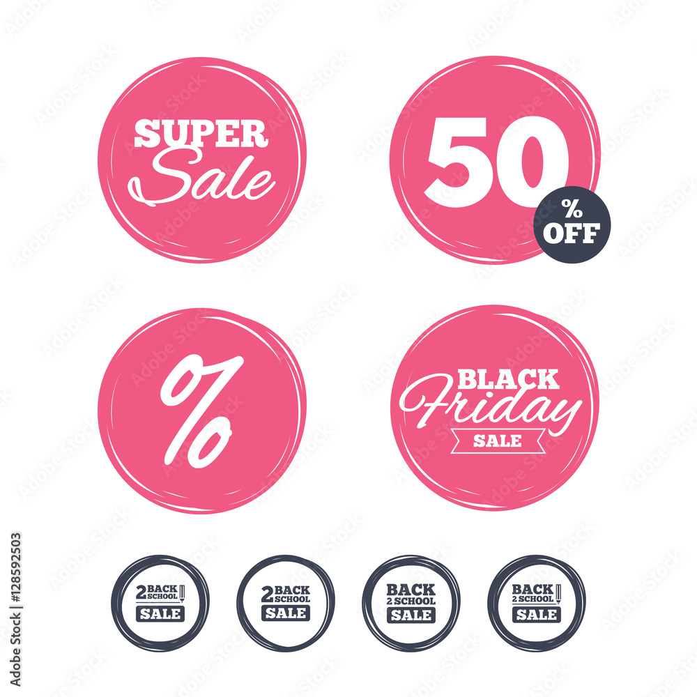 Super sale and black friday stickers. Back to school sale icons. Studies after the holidays signs. Pencil symbol. Shopping labels. Vector