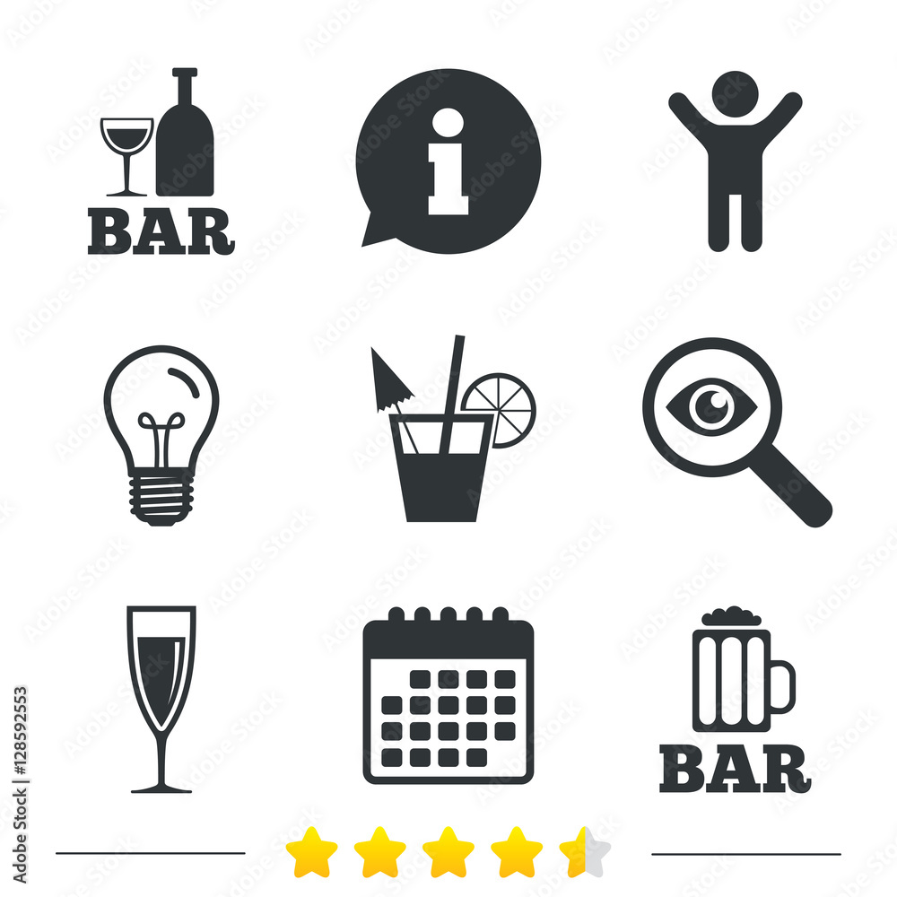 Bar or Pub icons. Glass of beer and champagne signs. Alcohol drinks and cocktail symbols. Information, light bulb and calendar icons. Investigate magnifier. Vector