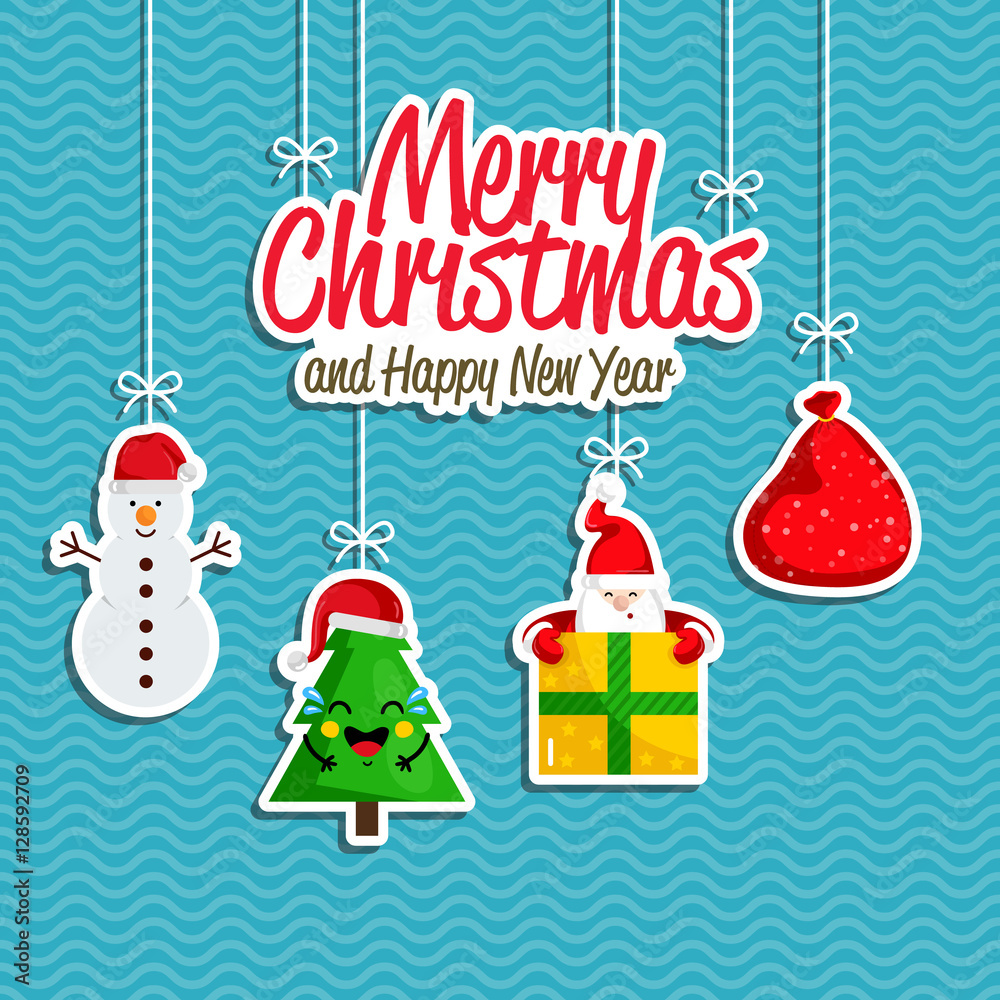 Christmas holiday decoration. Santa with present, sack of gifts, Christmas tree, snowman hanging on ropes vector. Merry Christmas and Happy New Year concept for greeting card, Xmas party invitation Christmas holiday decoration. Santa with present, sack of gifts, Christmas tree, snowman hanging on ropes vector. Merry Christmas and Happy New Year concept for greeting card, Xmas party invitation