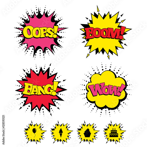 Comic Boom, Wow, Oops sound effects. Birthday party icons. Cake with ice cream signs. Air balloon with rope symbol. Speech bubbles in pop art. Vector