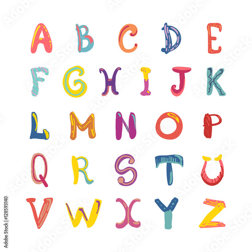 Hand-drawn cute funky alphabet. Children font on white.