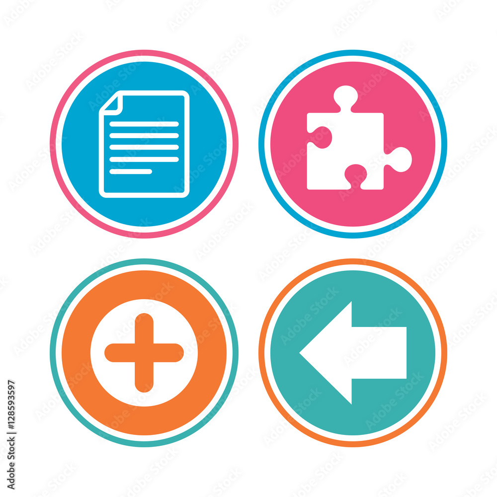 Plus add circle and puzzle piece icons. Document file and back arrow sign symbols. Colored circle buttons. Vector Plus add circle and puzzle piece icons. Document file and back arrow sign symbols. Colored circle buttons. Vector