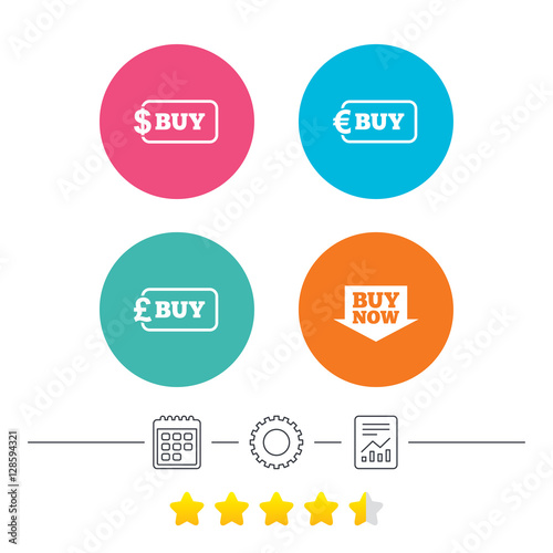 Buy now arrow icon. Online shopping signs. Dollar, euro and pound money currency symbols. Calendar, cogwheel and report linear icons. Star vote ranking. Vector