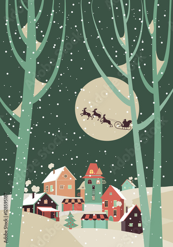 Santa Claus sleigh with reindeer fly over the city