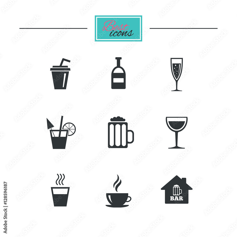 Coffee, tea icons. Beer, wine and cocktail signs. Soft and alcohol drinks symbols. Black flat icons. Classic design. Vector Coffee, tea icons. Beer, wine and cocktail signs. Soft and alcohol drinks symbols. Black flat icons. Classic design. Vector