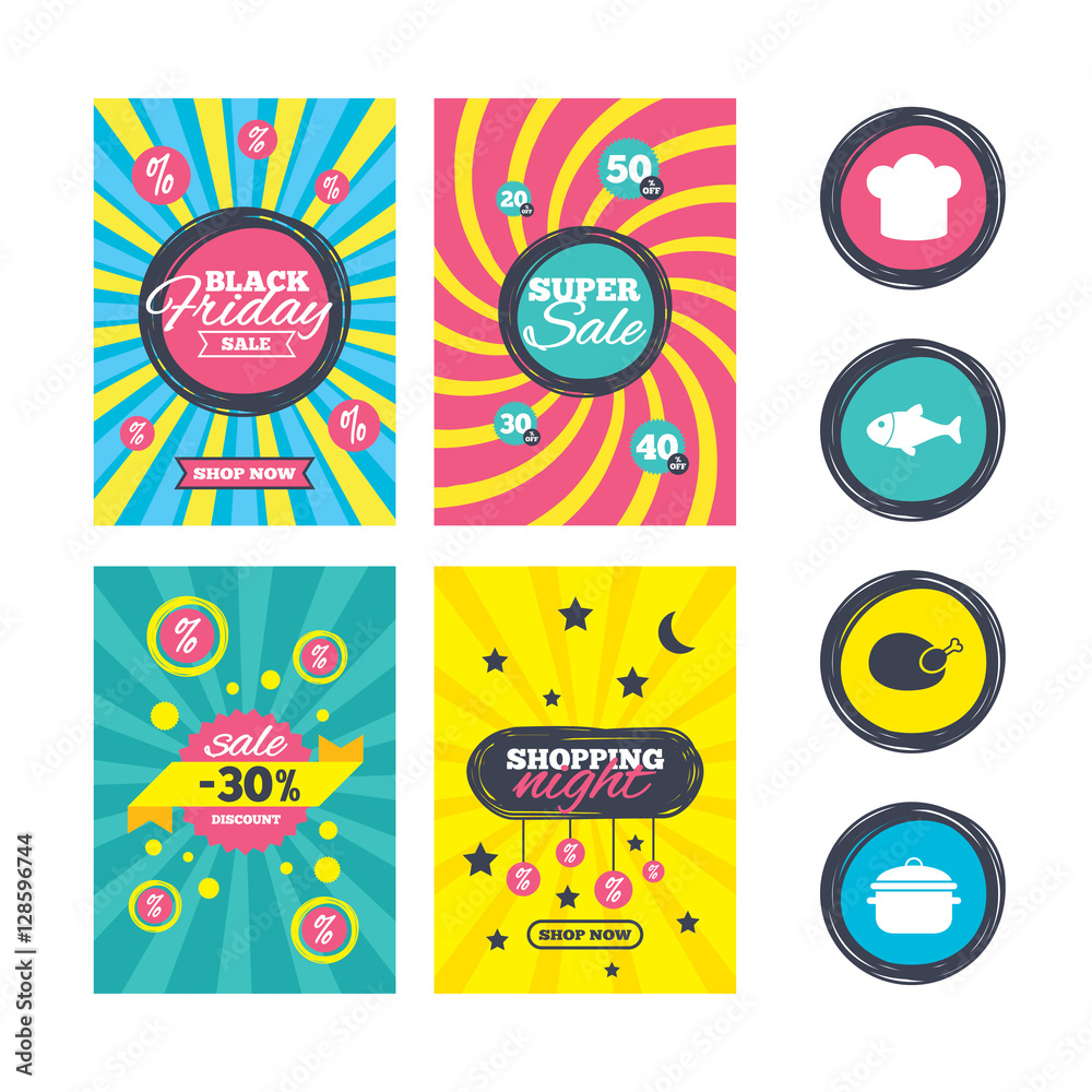 Naklejka premium Sale website banner templates. Chief hat and cooking pan icons. Fish and chicken signs. Boil or stew food symbol. Ads promotional material. Vector