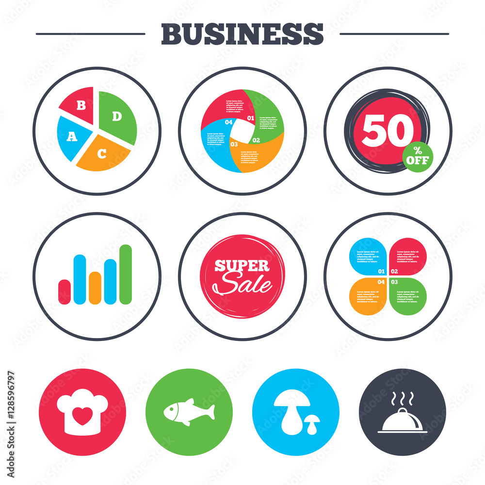 Business pie chart. Growth graph. Chief hat with heart and cooking pan icons. Fish and boletus mushrooms signs. Hot food platter serving symbol. Super sale and discount buttons. Vector