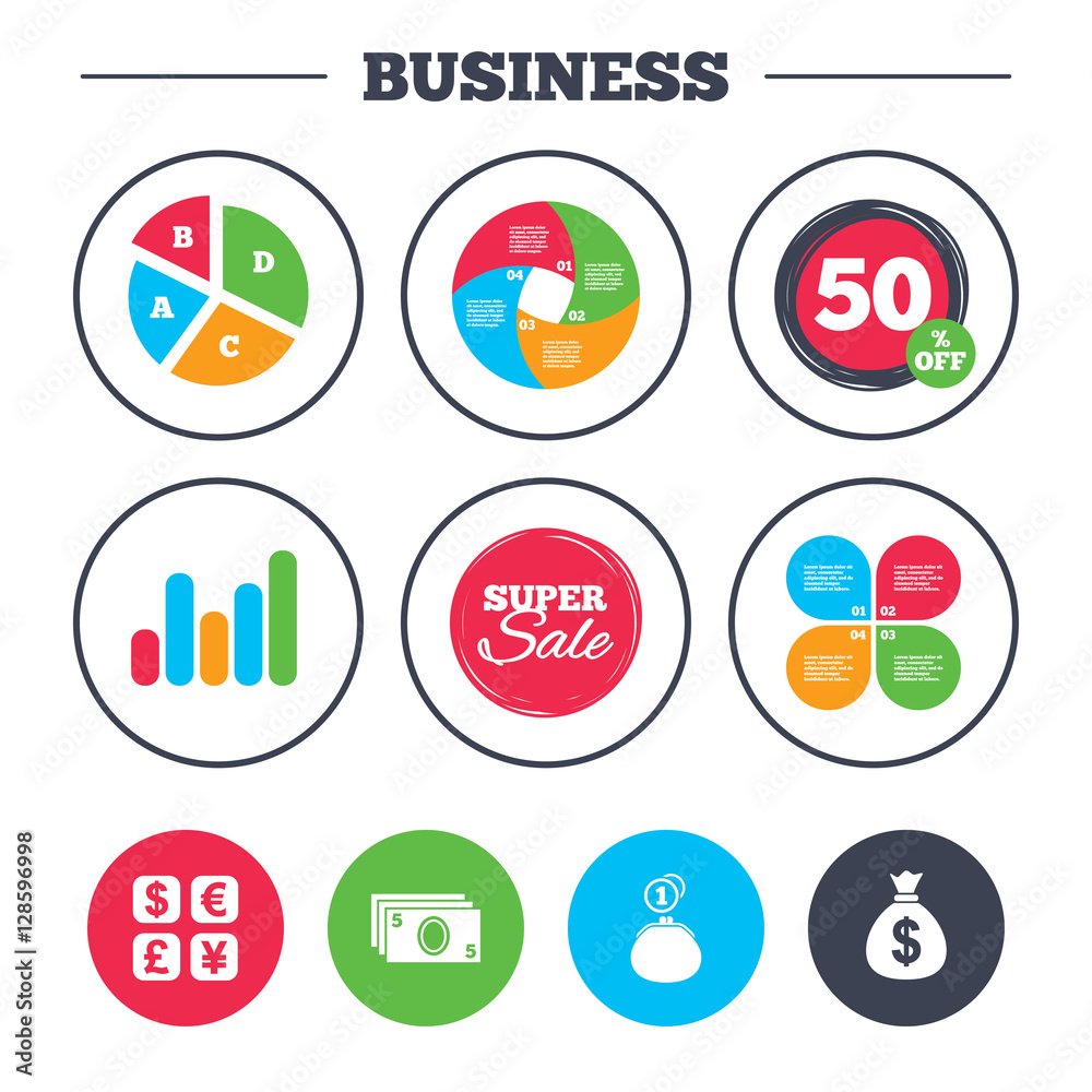 Business pie chart. Growth graph. Currency exchange icon. Cash money bag and wallet with coins signs. Dollar, euro, pound, yen symbols. Super sale and discount buttons. Vector Business pie chart. Growth graph. Currency exchange icon. Cash money bag and wallet with coins signs. Dollar, euro, pound, yen symbols. Super sale and discount buttons. Vector