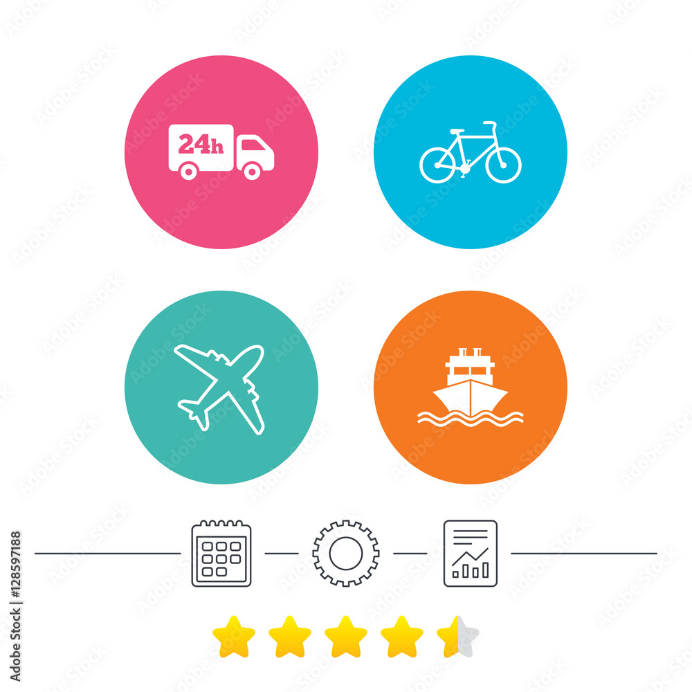 Cargo truck and shipping icons. Shipping and eco bicycle delivery signs. Transport symbols. 24h service. Calendar, cogwheel and report linear icons. Star vote ranking. Vector