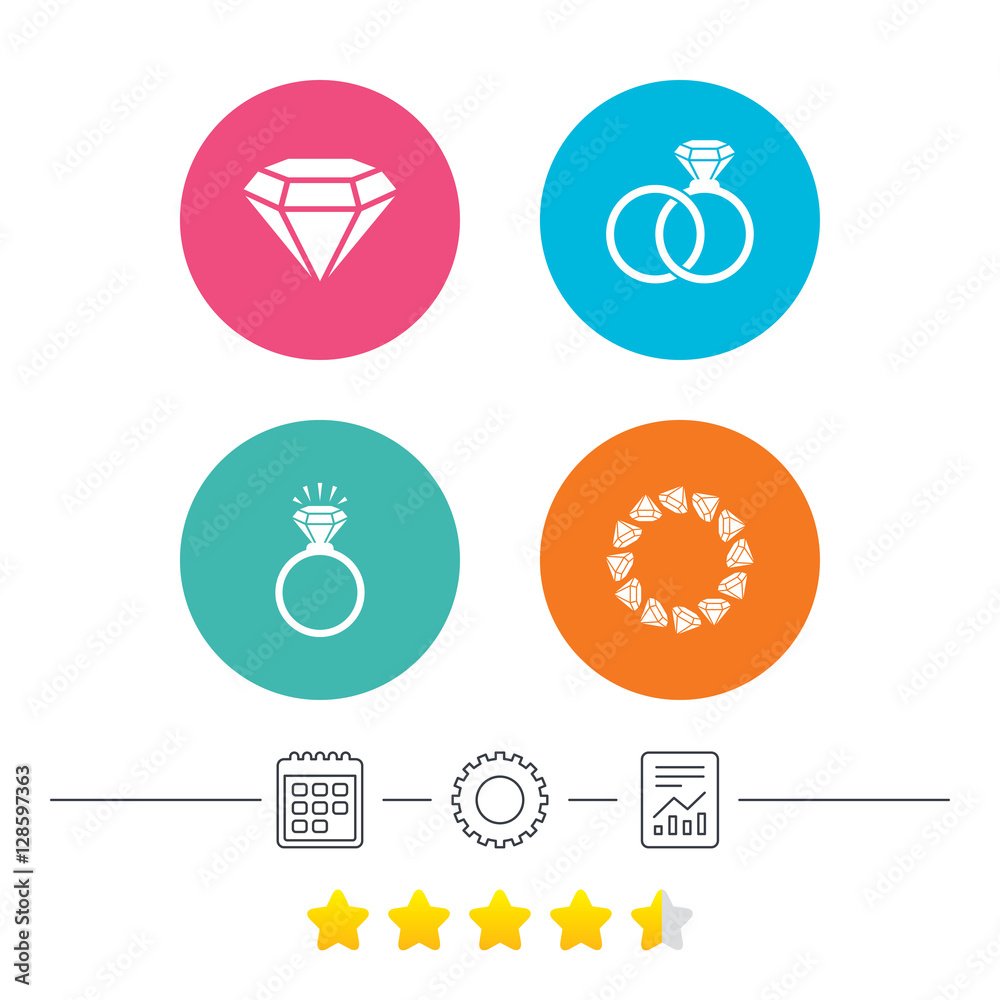 Rings icons. Jewelry with shine diamond signs. Wedding or engagement symbols. Calendar, cogwheel and report linear icons. Star vote ranking. Vector Rings icons. Jewelry with shine diamond signs. Wedding or engagement symbols. Calendar, cogwheel and report linear icons. Star vote ranking. Vector