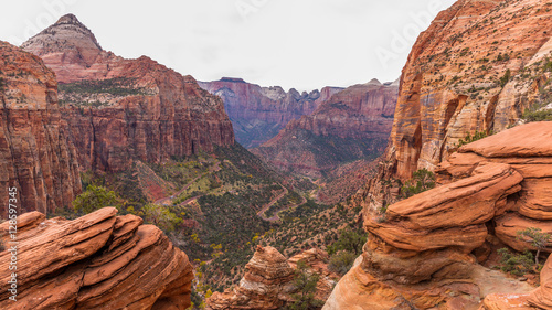 Amazing mountain landscape. Breathtaking view of the canyon. Highway among the rocks. Zion National Park, Utah, USA