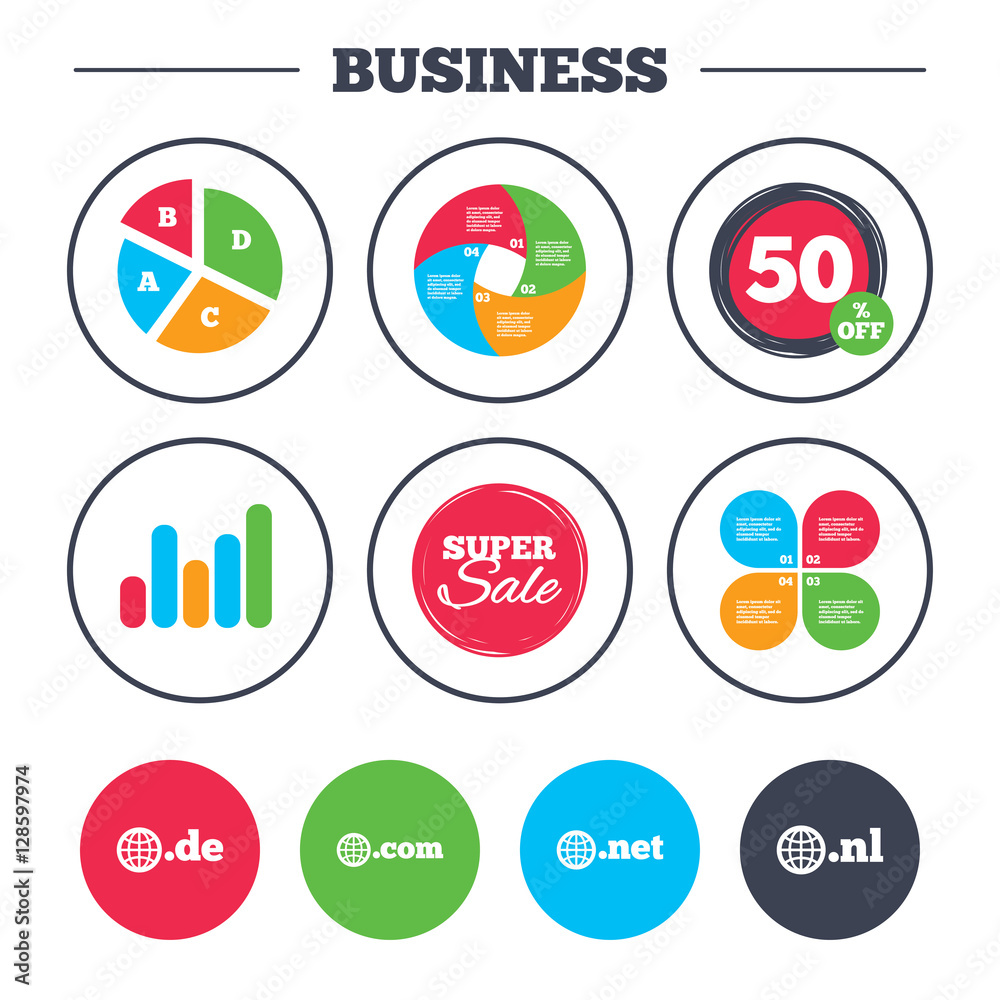 Business pie chart. Growth graph. Top-level internet domain icons. De, Com, Net and Nl symbols with globe. Unique national DNS names. Super sale and discount buttons. Vector Business pie chart. Growth graph. Top-level internet domain icons. De, Com, Net and Nl symbols with globe. Unique national DNS names. Super sale and discount buttons. Vector