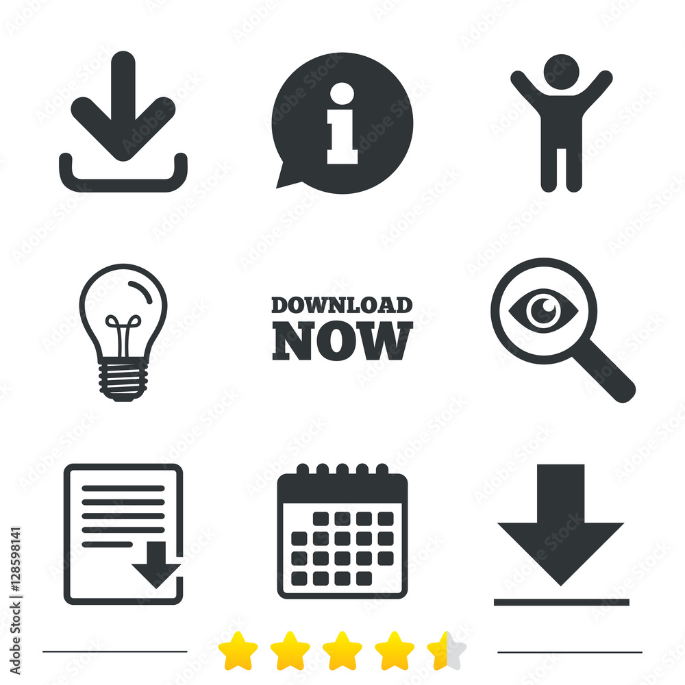 Download now icon. Upload file document symbol. Receive data from a remote storage signs. Information, light bulb and calendar icons. Investigate magnifier. Vector Download now icon. Upload file document symbol. Receive data from a remote storage signs. Information, light bulb and calendar icons. Investigate magnifier. Vector