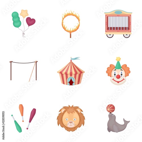 Circus set icons in cartoon style. Big collection of circus vector symbol stock illustration