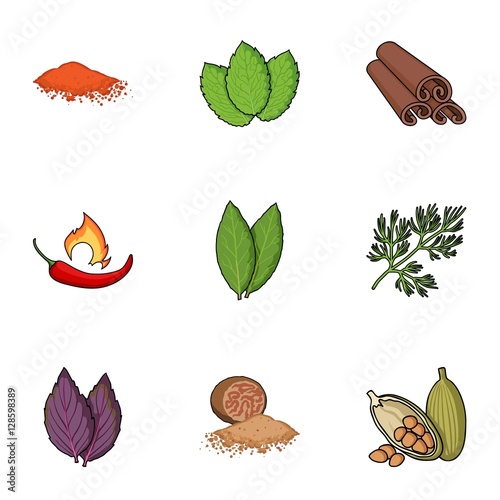 Herb and spices set icons in cartoon style. Big collection of herb and spices vector symbol stock illustration