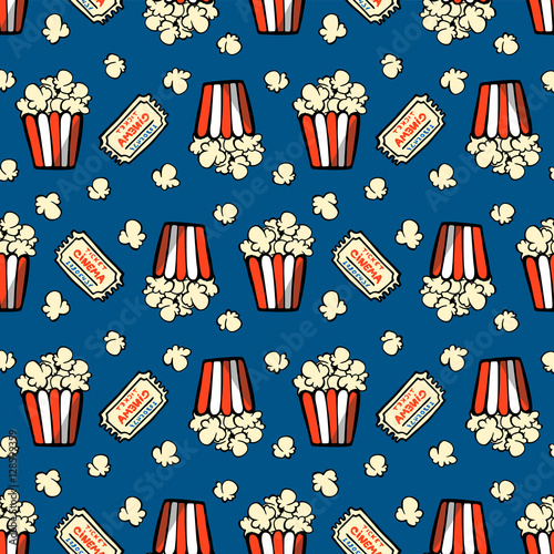 Striped box of popcorn and a movie ticket. Seamless vector pattern on blue background.