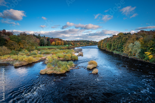 Fototapet River Tyne below Corbridge, winding its way down the Tyne Valley, in Northumberl