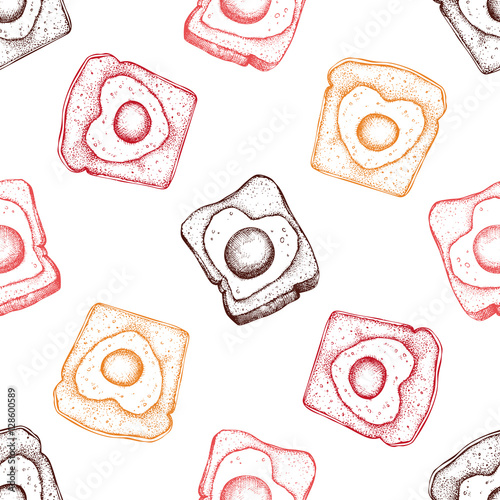 Vintage egg in a basket illustration. Hand drawn card design for Valentine's day. Good Morning! Vector seamless pattern with holiday breakfast.