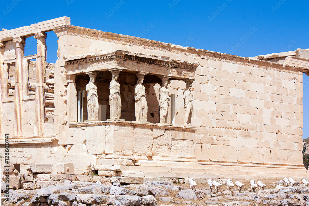 View on Temple of Athena Nike Athens in Acropolis with blue sky