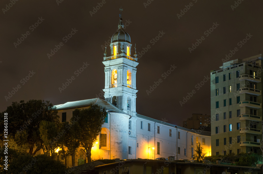 Catholic Church of San Francesco da Paola, also called the sailor's church, on a hill in the San Teodoro neighborhood of Genoa, Italy at night