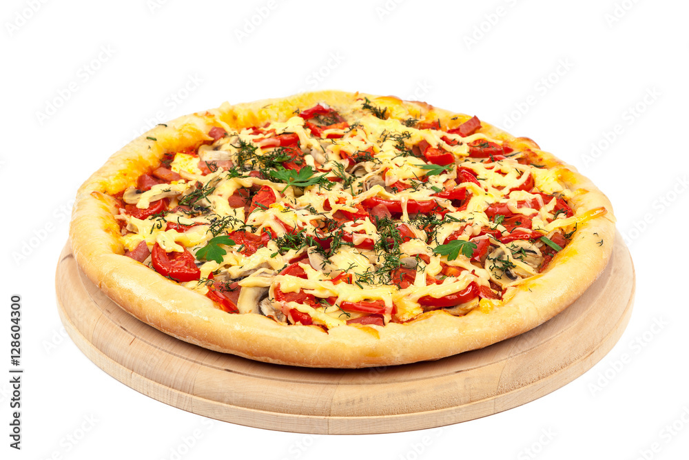 Pizza on a wooden board isolated on white background